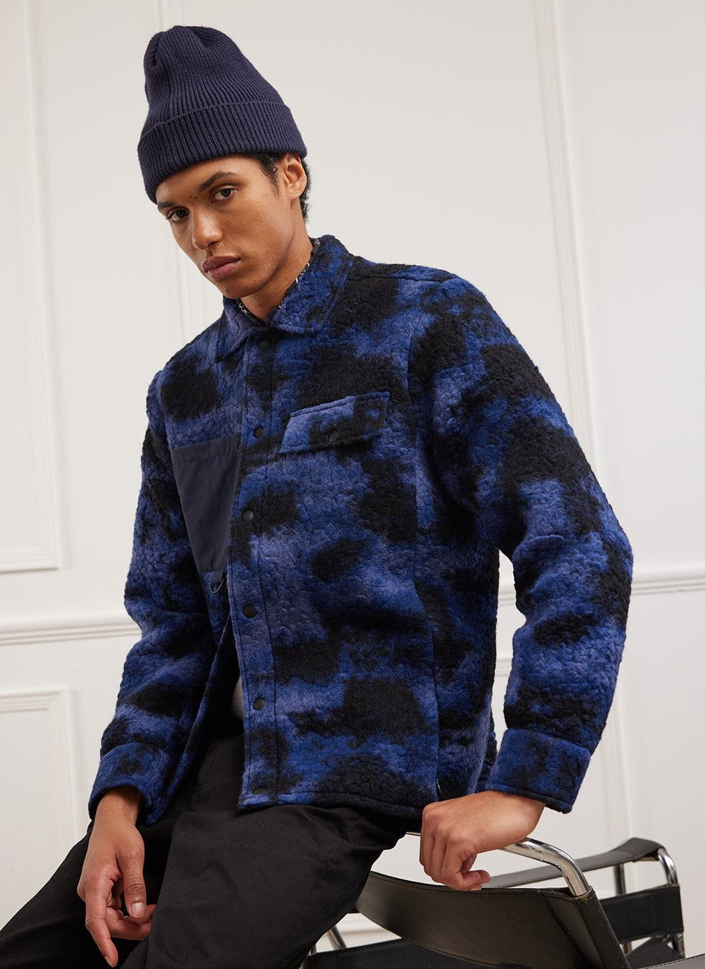 Men's Jacquard Teddy Shell Shirt | Wool | Navy | Percival Menswear