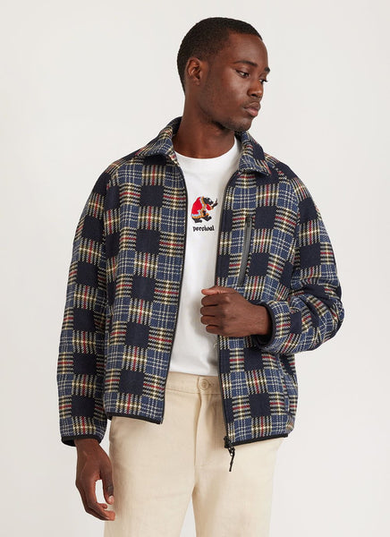 Men's Raglan Check Jacket | Wool | Navy