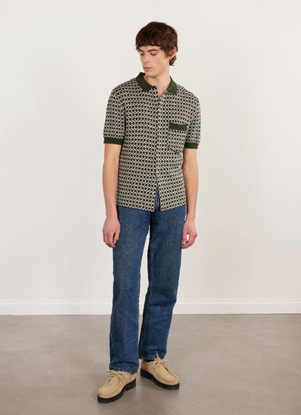 Men's Short Sleeve Knitted Shirt | Casa Picante | Green Jacquard