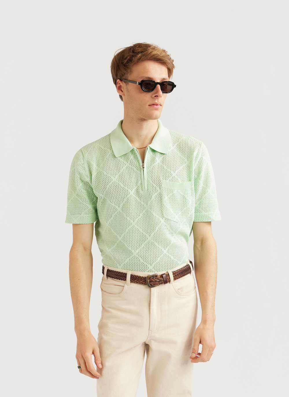 Men's Knitted Zip Polo Shirt | Nawa | Mint | Percival Menswear