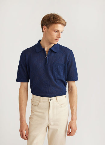 Men's Knitted Zip Polo Shirt | Nawa | Navy | Percival Menswear