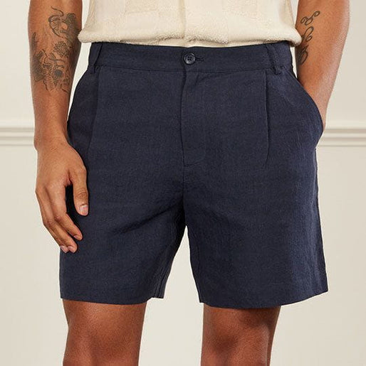 Mens Tailored Linen Shorts Navy Blue 5905