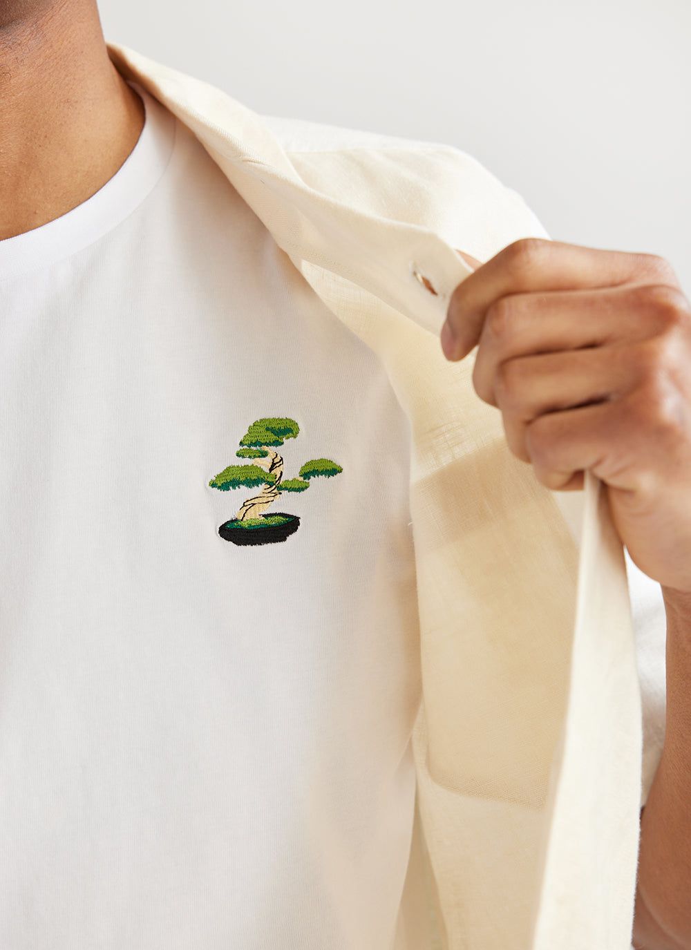Men's T Shirt | Bonsai Tree | Embroidered Cotton | White