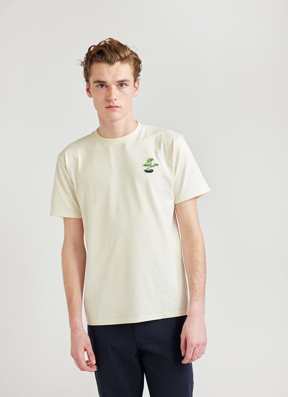 Bonsai Tree T Shirt | Embroidered Organic Cotton | Ecru | Percival