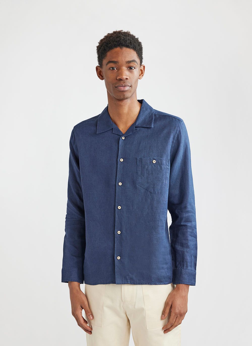 Long Sleeve Cuban Linen Shirt | Cuban Collar | Navy | Percival