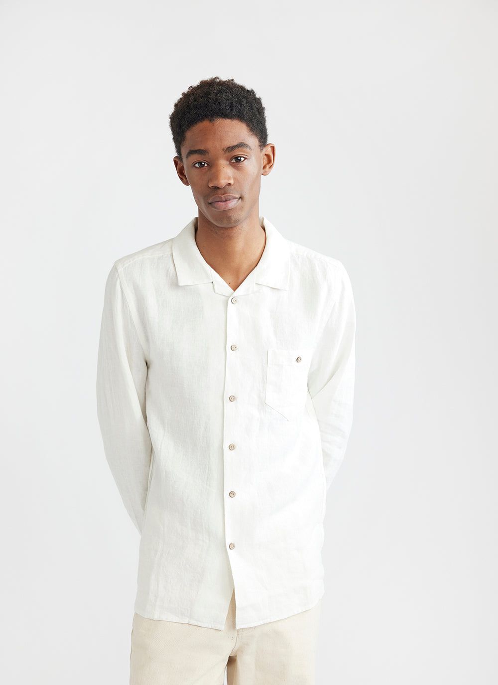 Men's Long Sleeve Linen Shirt | Cuban Collar Shirt | White